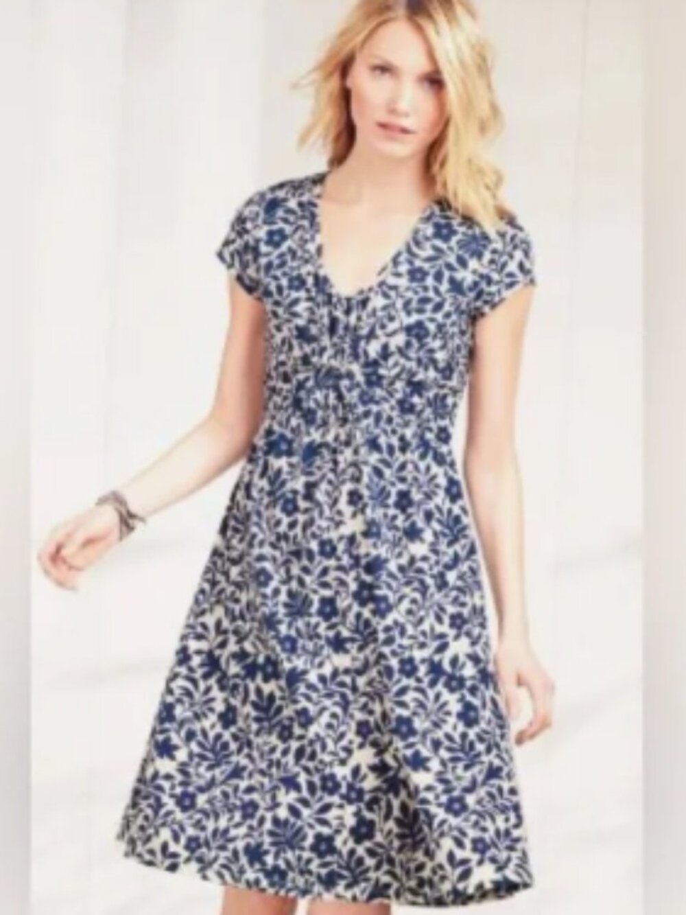 Garnet Hill Garden Party Floral Print V-Neck Dress in Blue/White Size 4